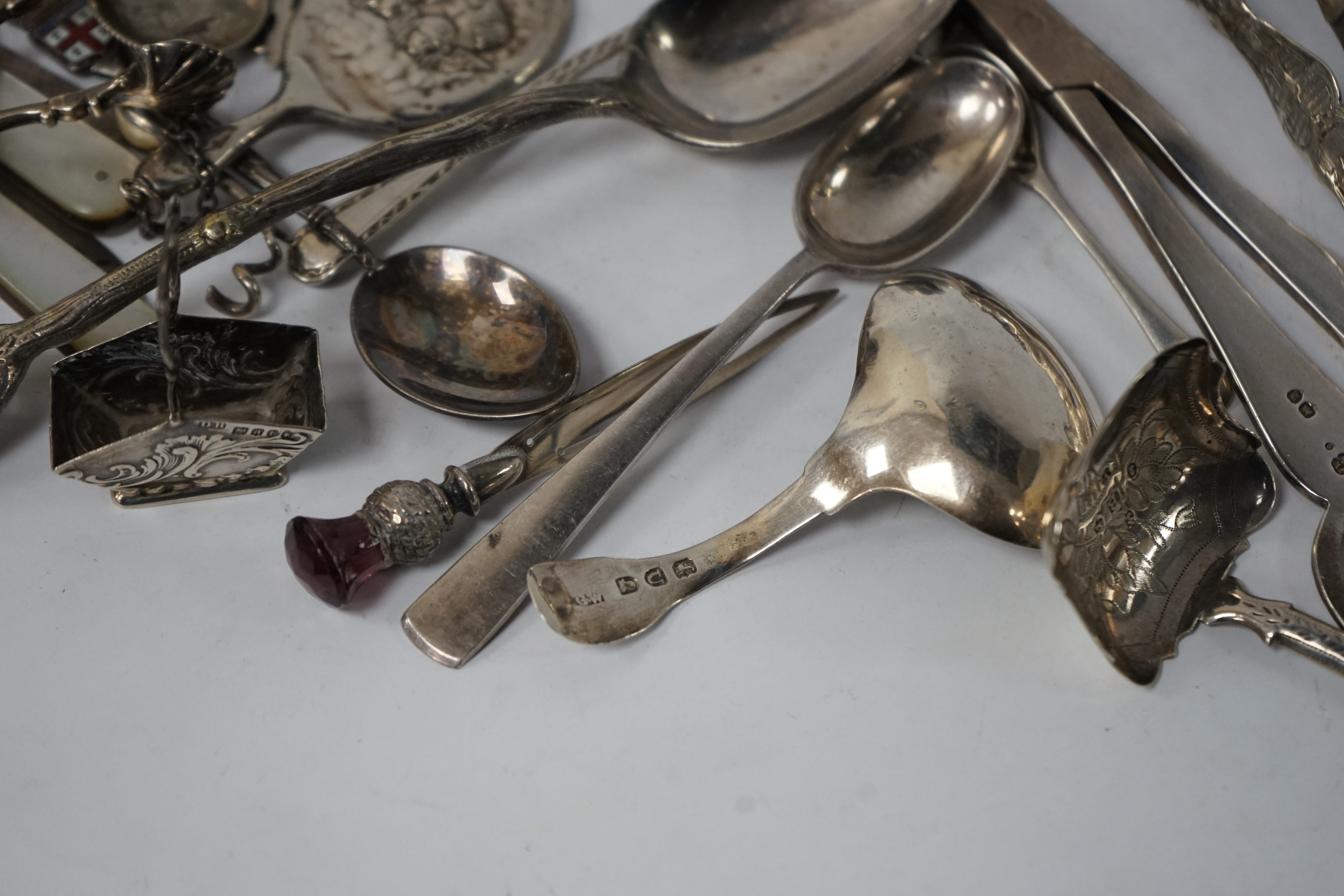 Assorted small silver and other white metal items including fruit knives, a pair of Georgian sugar nips, by Henry Plumpton, circa 1750, a pair of Victorian grape shears, Wakely & Wheeler, London 1887, pepperette, a Georg